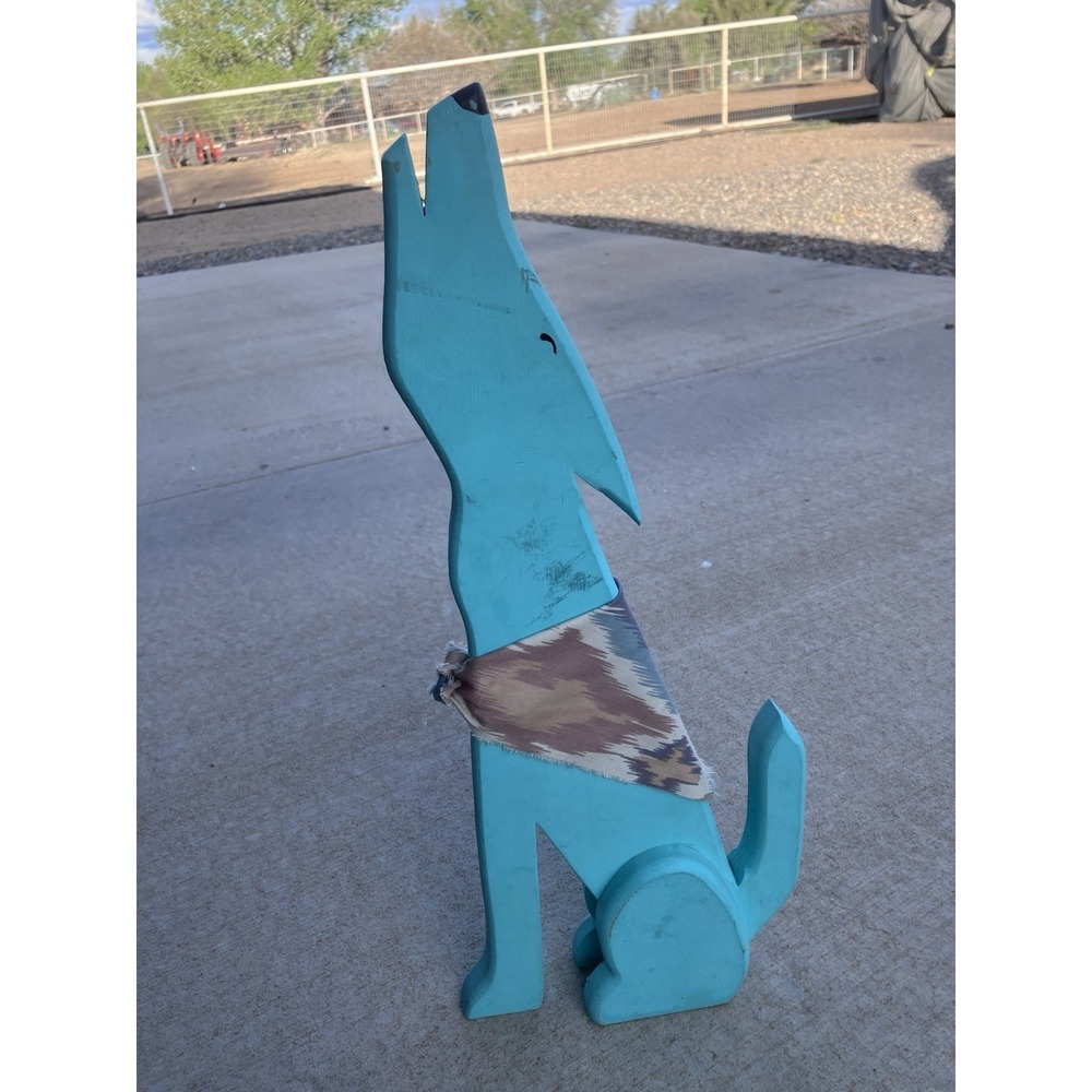 Vintage Folk Art Wooden Howling Coyote With Bandana 23" T X 10" W Southwestern